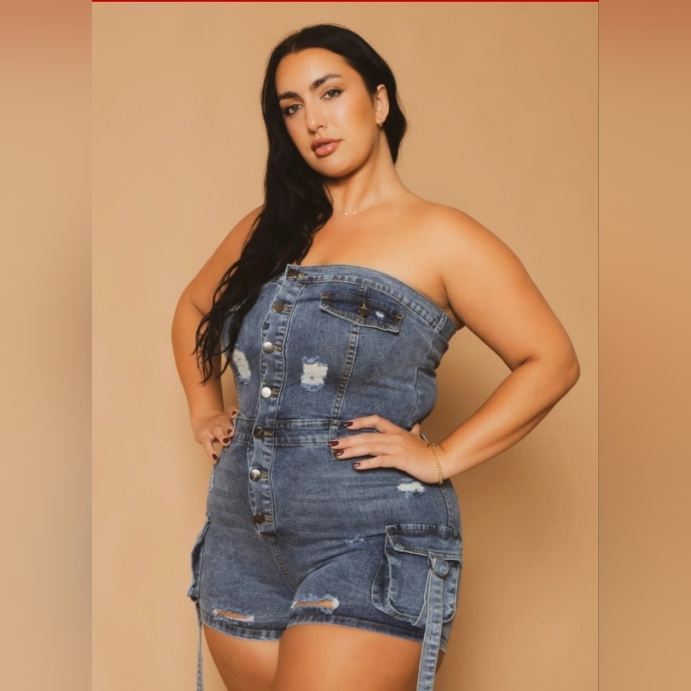 Strapless Distressed Denim Jumpsuit - Blue